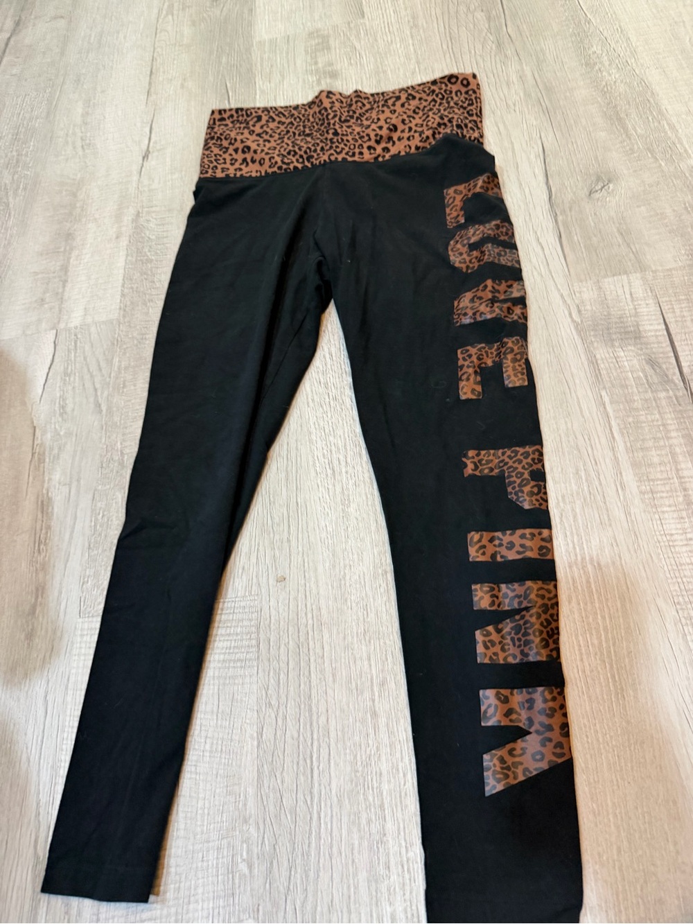 PINK Victoria's Secret Black Leggings with Brown Leopard Waistband and Side Logo